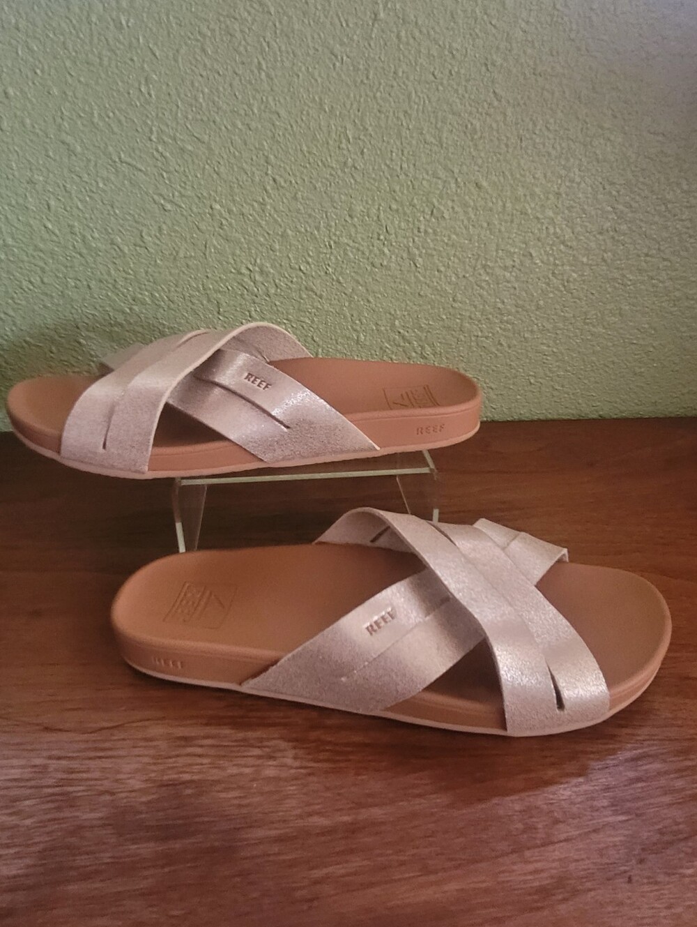 REEF Metallic Cross-Strap Slide Sandals - Champagne